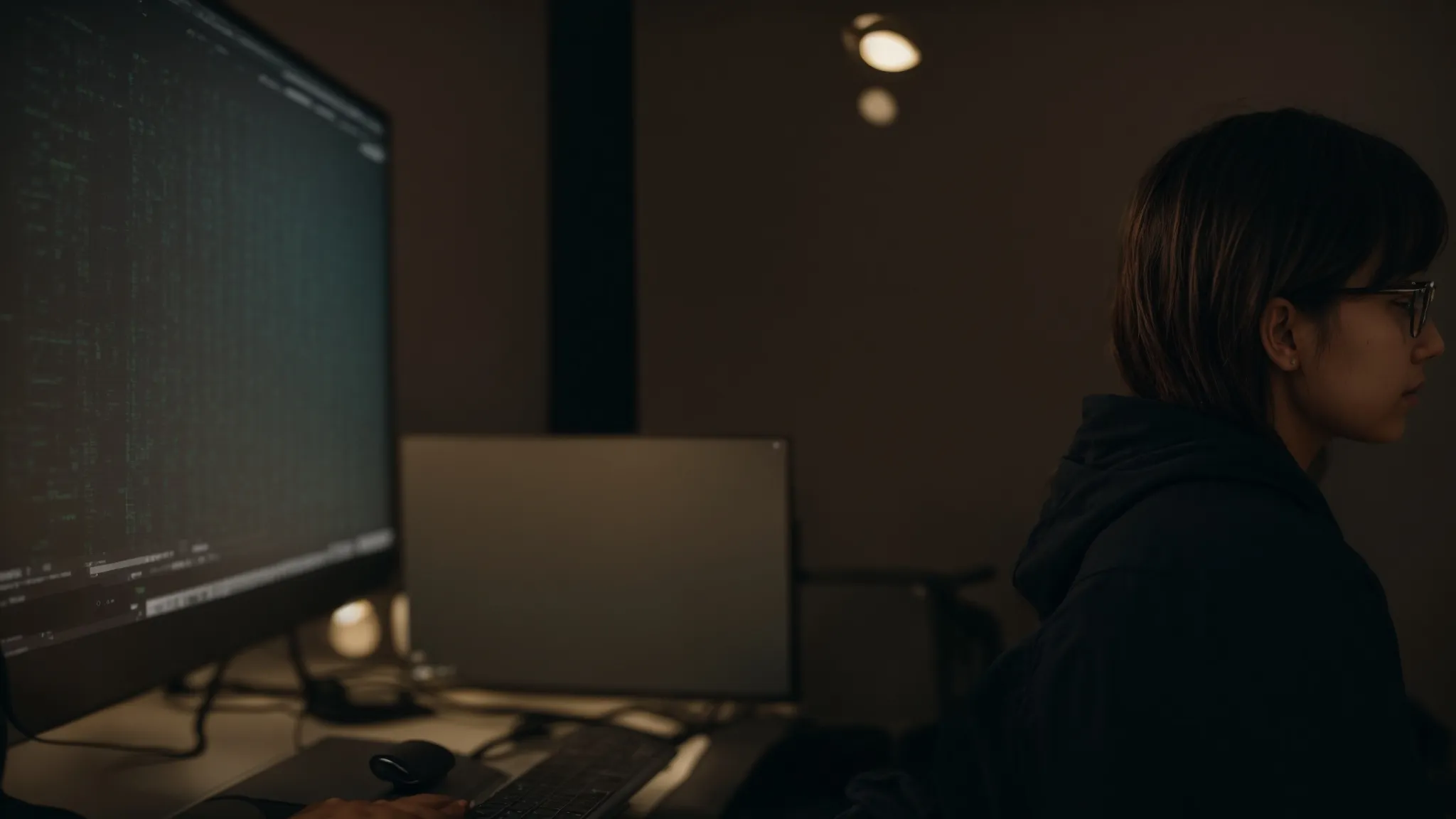 a person sitting at a computer, looking at a dna double-helix structure on the screen.