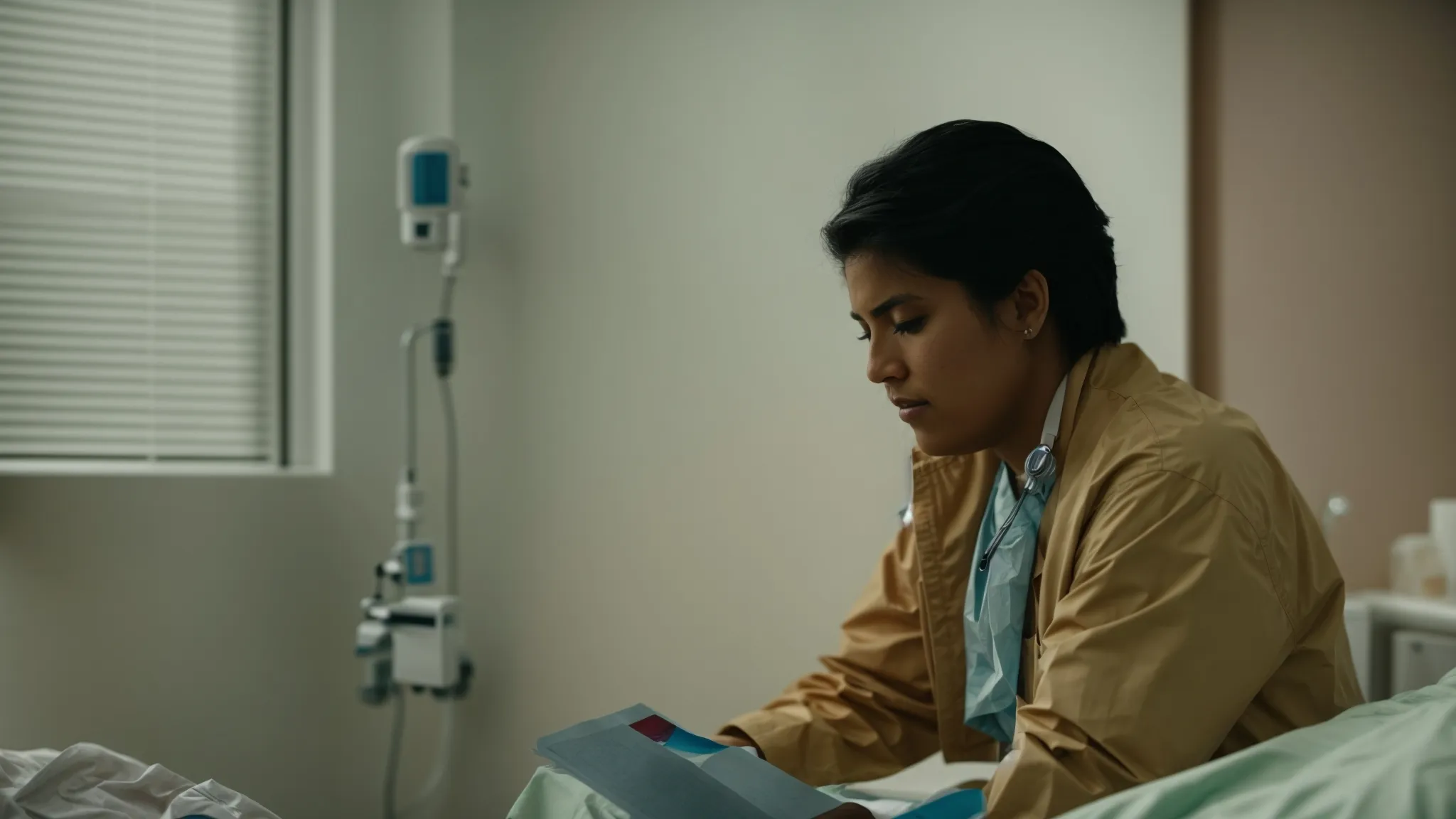 a concerned individual speaks with a medical professional in a hospital room.