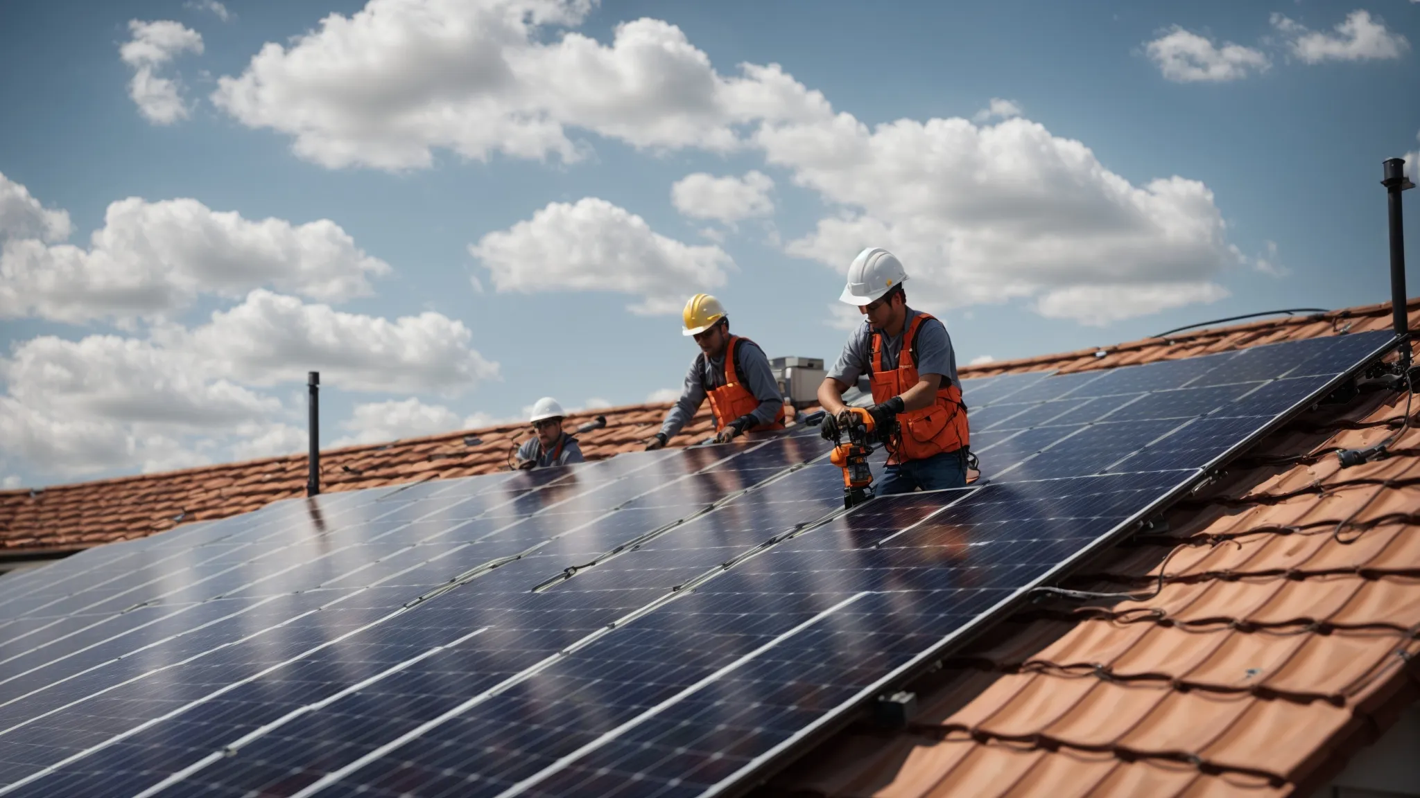 a solar panel installation team works on a residential rooftop against the backdrop of a bright, sunny sky.