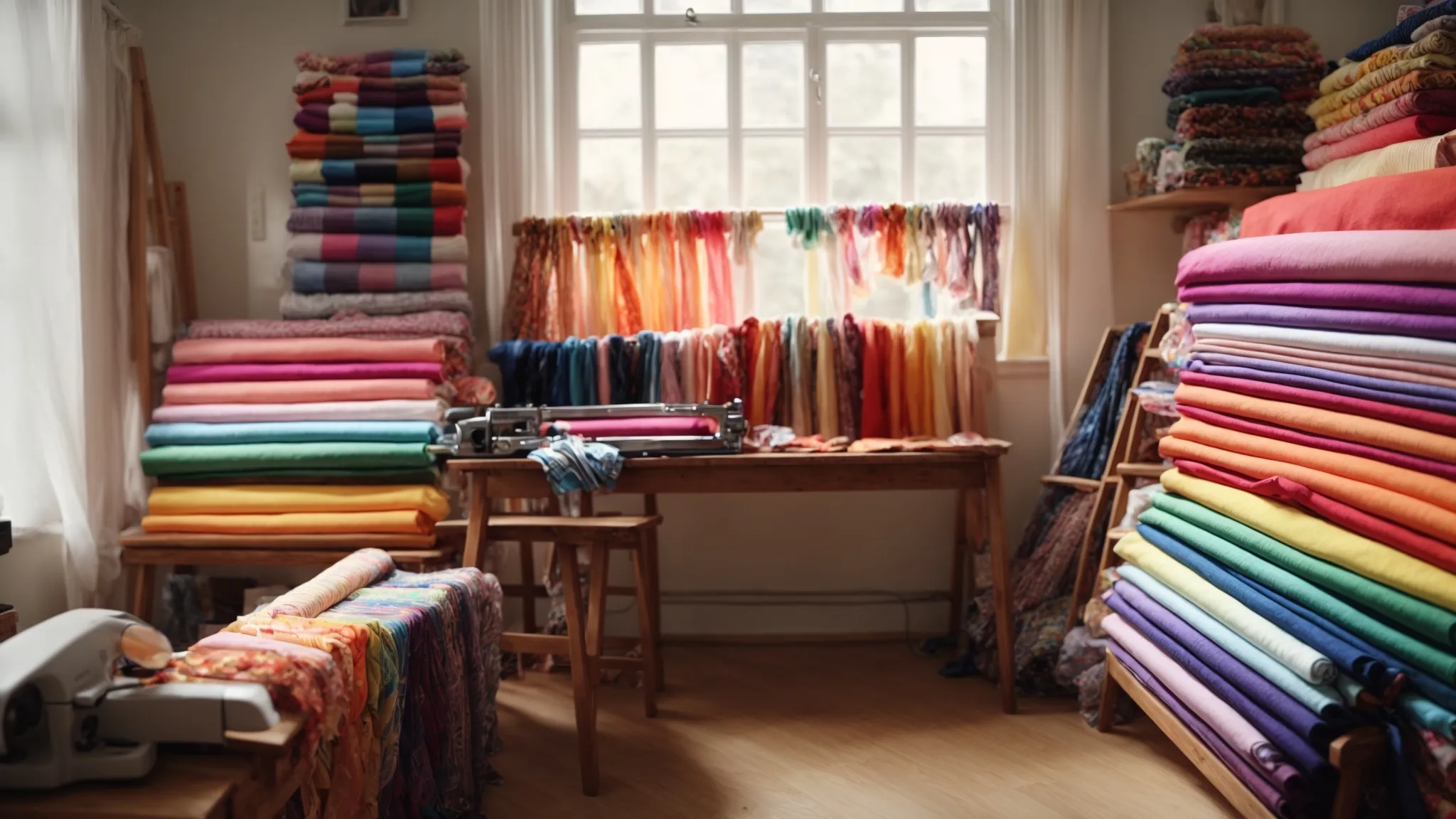 a brightly lit room filled with colorful fabric rolls, scissors, and a sewing machine on a wooden table.