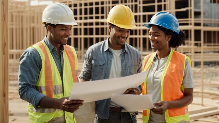 a smiling family discussing blueprints with a contractor at a construction site.