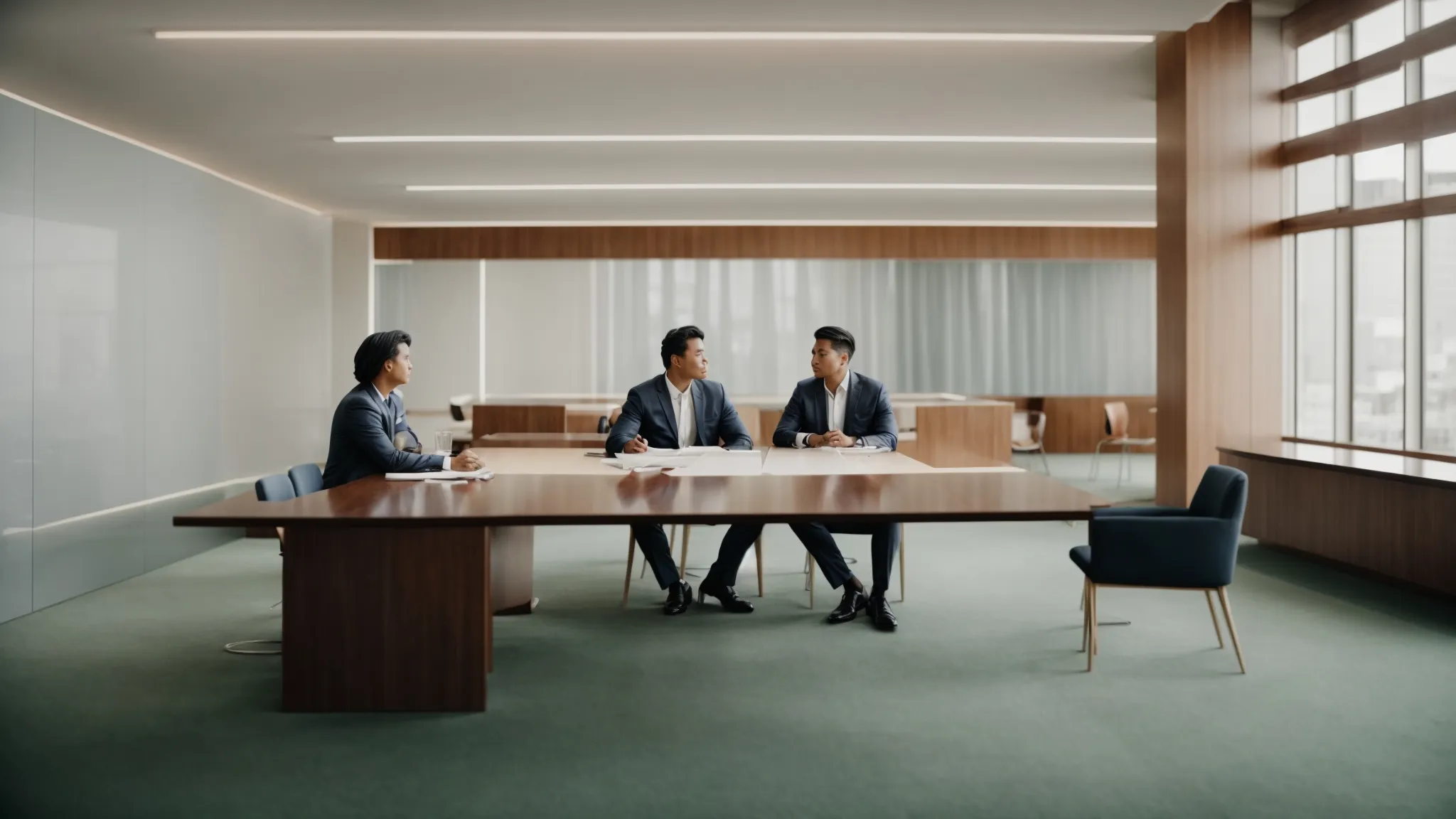 two individuals sit across from each other at a table, with a lawyer mediating their discussion in a bright, professional office.