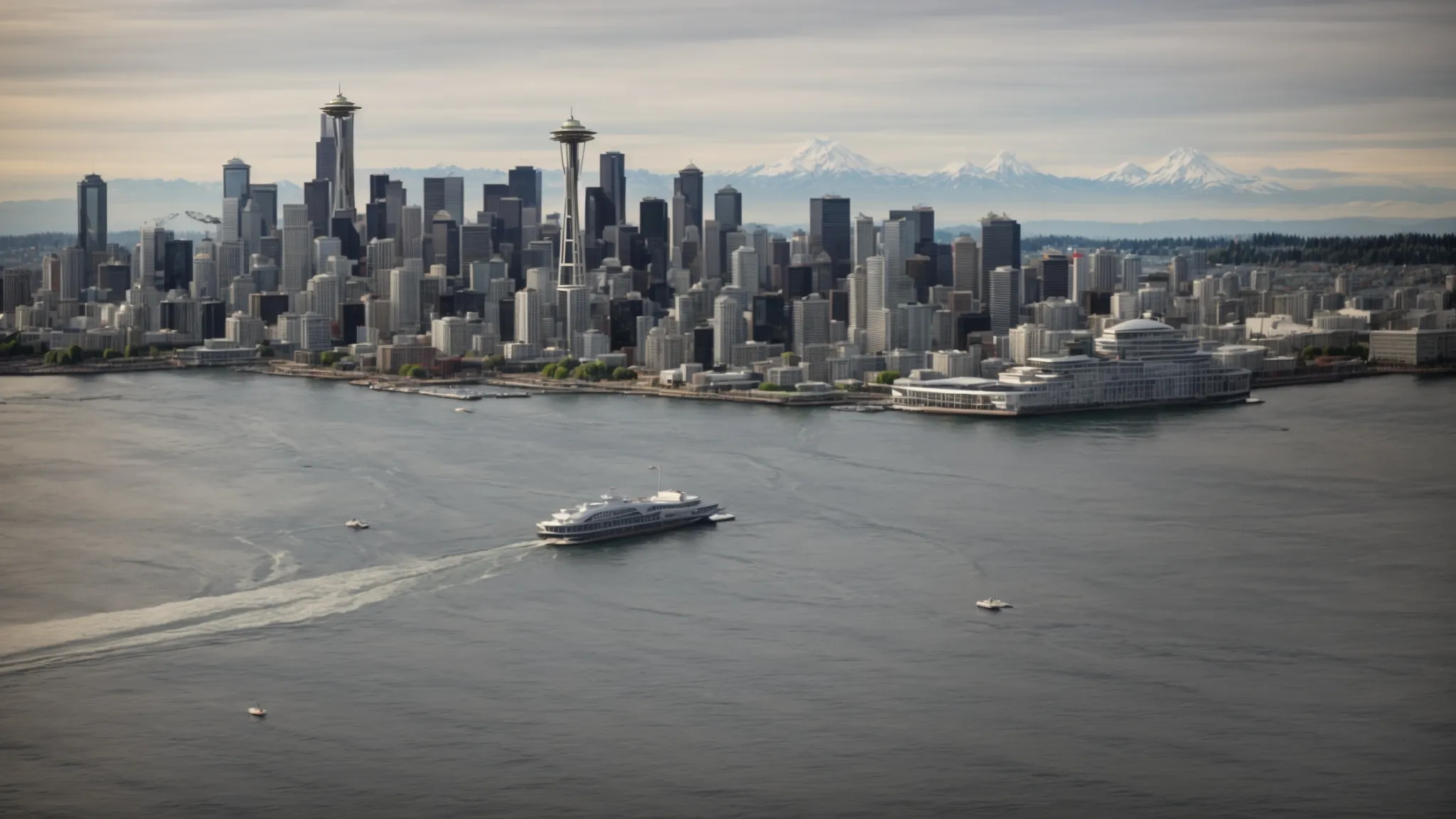 the iconic space needle towers over the seattle skyline as a ferry glides across the shimmering puget sound.