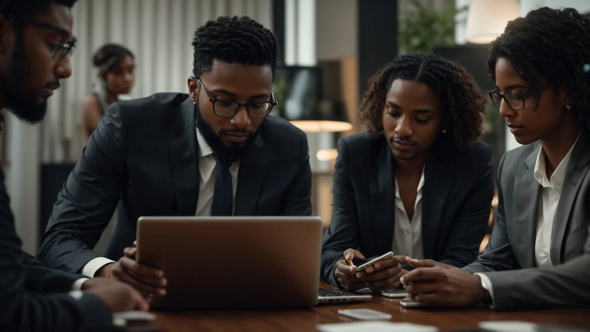a group of business professionals engaged in a collaborative meeting, exploring and comparing features on their digital devices.