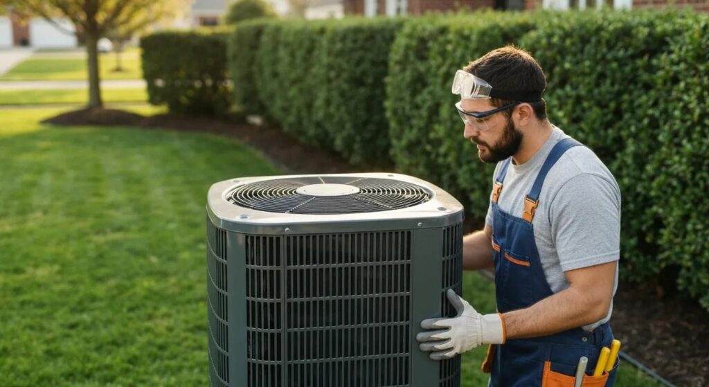 Air conditioning installation in Cheverly MD with technician positioning outdoor unit