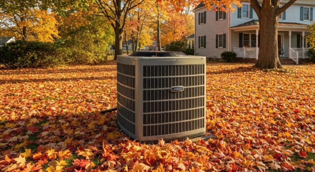 Fall HVAC Maintenance Tips for Union, NJ Homeowners 1 HVAC unit in a New Jersey home surrounded by autumn leaves, emphasizing fall maintenance importance