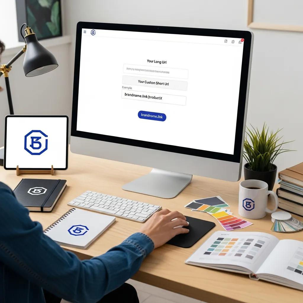 Person creating custom branded short URLs at a desk with branding materials