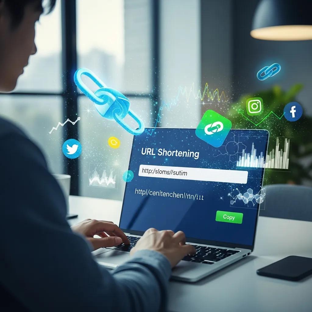 Person using a laptop for URL shortening with digital link icons