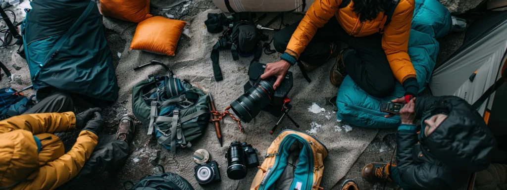 a team of professionals preparing gear and equipment for the three passes trek.