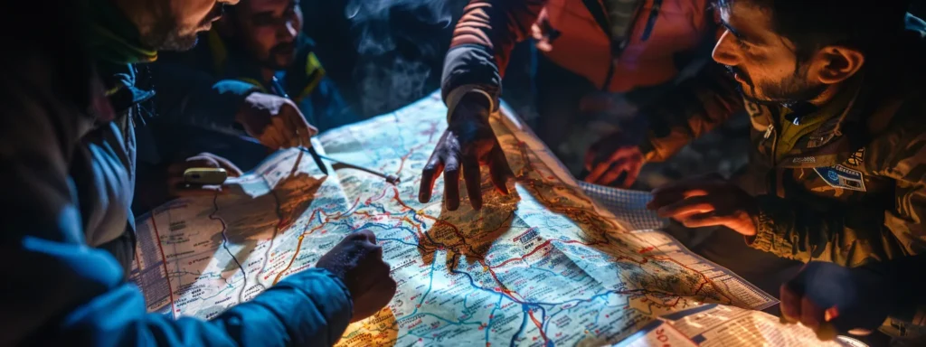 a group of business professionals looking at a map of the himalayas, discussing safety measures and emergency resources for trekkers on the three passes trek.