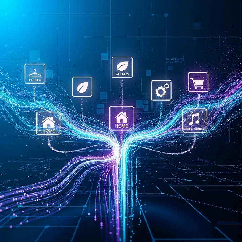 Abstract representation of AI technology with data streams and lifestyle category icons