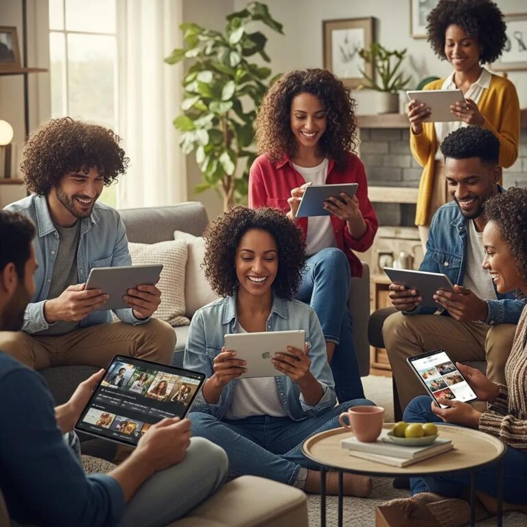 Diverse group of people engaging with Spaz AI Content Platform on devices in a cozy living room