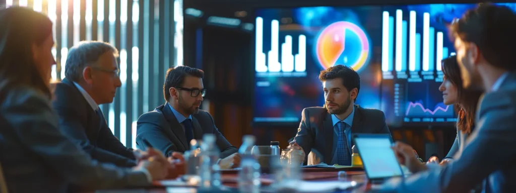 a group of professionals at a conference table deep in discussion, with charts showing data privacy and security concerns related to ai search platforms.