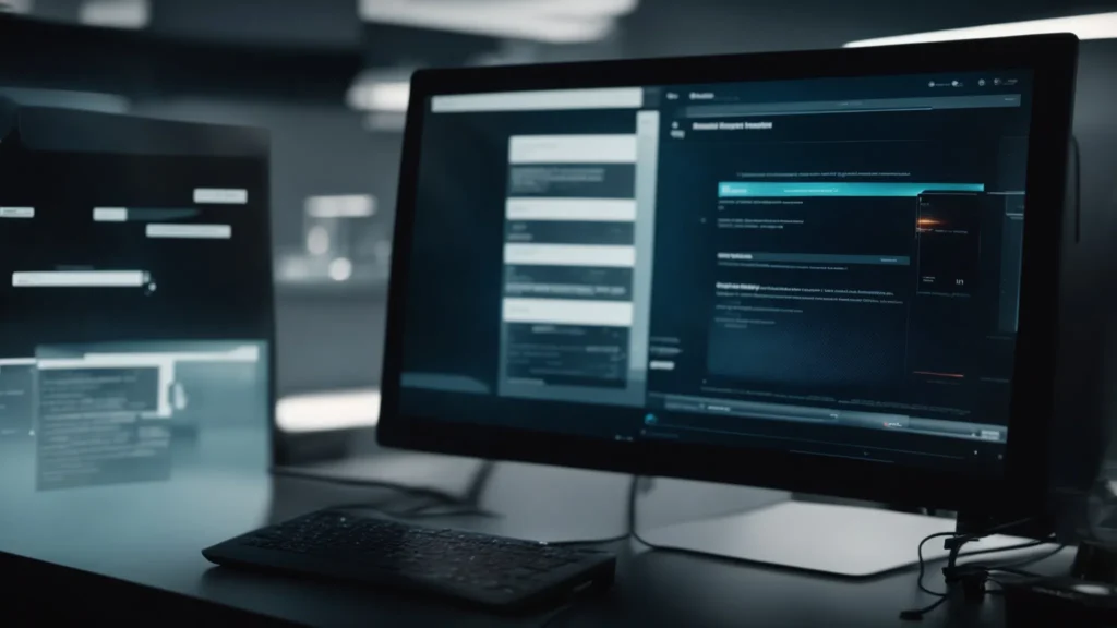 two computers sit side by side, one displaying a futuristic ai interface and the other showing a classic search engine homepage.