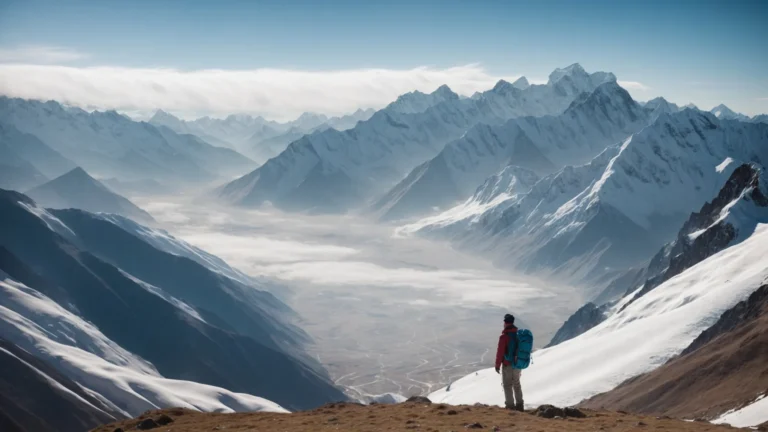 a backpacker gazes out across a vast valley surrounded by towering snow-capped himalayan peaks under a clear blue sky.